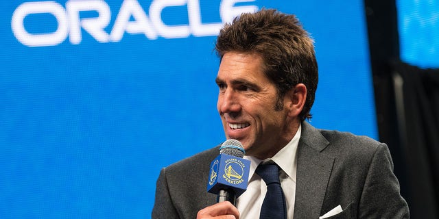 General Manager, Bob Myers of the Golden State Warriors talks to the media during the press conference on July 30, 2021 at Chase Center in San Francisco.
