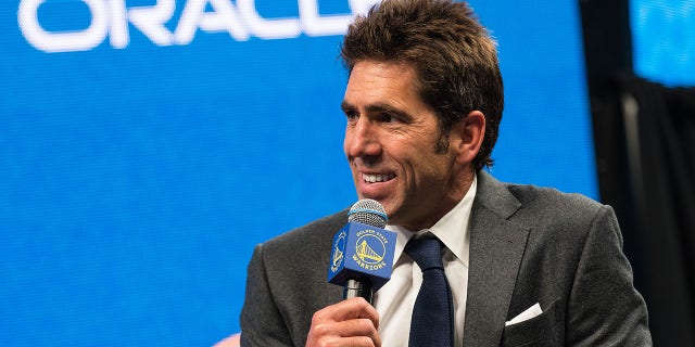 General Manager, Bob Myers of the Golden State Warriors talks to the media during the press conference on July 30, 2021 at Chase Center in San Francisco.