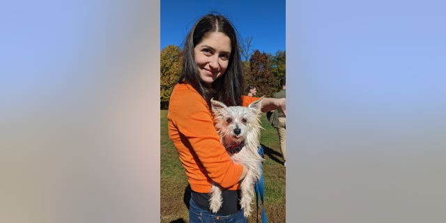 Bob the dog is seen with his adoptive, Julie Zeilinger, in Brooklyn, New York, on October 29, 2022.