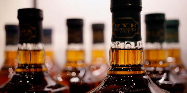 Bottles of Jim Beam brand bourbon whiskey for sale at the James B. Beam distillery in Clermont, Kentucky, US, on Tuesday, July 26, 2022.