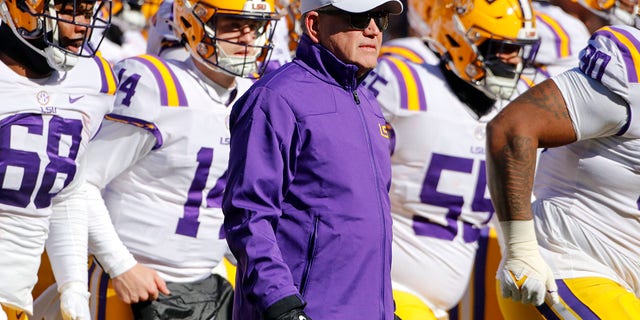 LSU Tigers head coach Brian Kelly before the Razorbacks game on Nov. 12, 2022, at Donald W. Reynolds Razorback Stadium in Fayetteville, Arkansas.