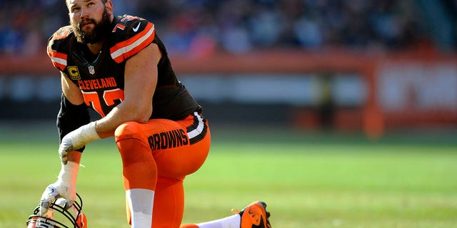 Left tackle Joe Thomas of the Cleveland Browns kneels during a timeout of a game against the New York Giants Nov. 27, 2016, at FirstEnergy Stadium in Cleveland.