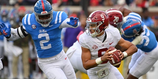 Alabama quarterback Bryce Young (9) looks to pass during the first half of a game against Mississippi in Oxford, Miss., Saturday, Nov. 12, 2022.