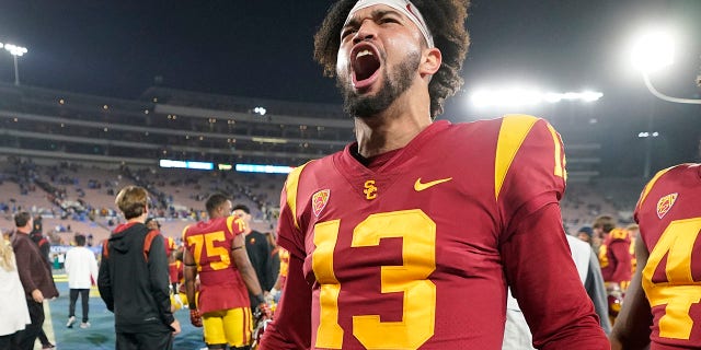 Southern California quarterback Caleb Williams (13) celebrates after USC defeated UCLA 48-45 Nov. 19, 2022, in Pasadena, Calif.