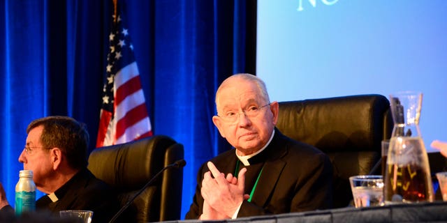 Los Angeles Archbishop José Gómez, president of the U.S. Conference of Catholic Bishops, presides over the conference's fall meeting in Baltimore on Tuesday, November 15, 2022. 