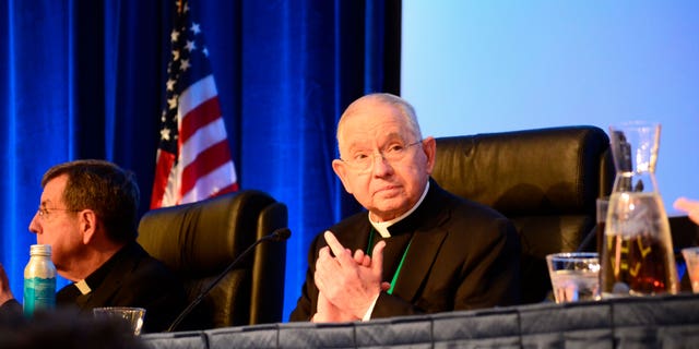 Los Angeles Archbishop Jose Gomez, the president of the U.S. Conference of Catholic Bishops, presides over the conference's fall meeting in Baltimore on Tuesday, Nov. 15, 2022.