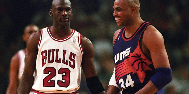 Chicago Bulls guard Michael Jordan, #23, and Phoenix Suns player Charles Barkley faced off during the 1993 NBA Finals in Phoenix in June 1993.