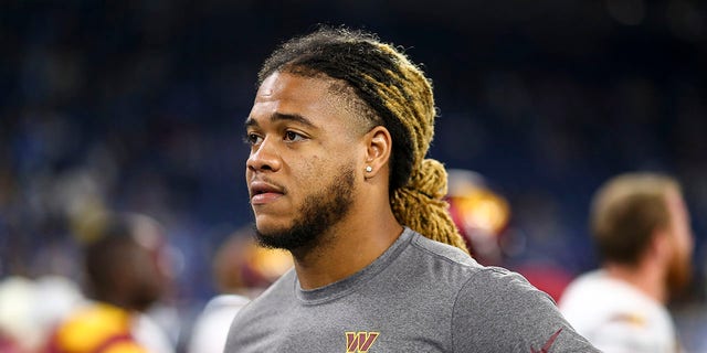 Chase Young, #99 of the Washington Commanders, looks on prior to an NFL football game against the Detroit Lions at Ford Field on Sept. 18, 2022 in Detroit.