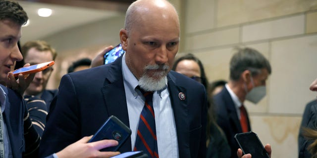 Rep. Chip Roy (R-TX) speaks with reporters as he arrives to a House Republican Caucus meeting at the U.S. Capitol Building on November 14, 2022.