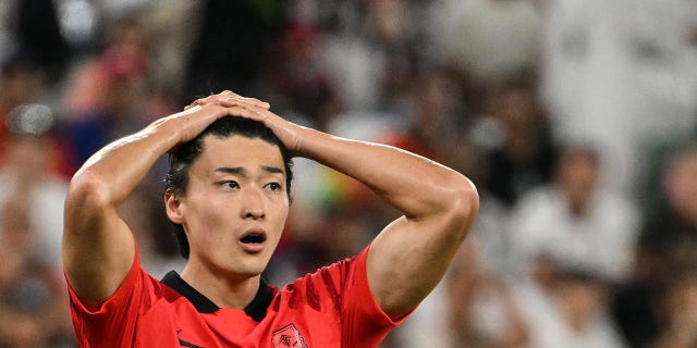 South Korean forward Cho Gue-sung, #09, reacts during the Qatar 2022 World Cup Group H soccer match between South Korea and Ghana at Education City Stadium in Al-Rayyan, west of Doha, Qatar, on November 28, 2022.