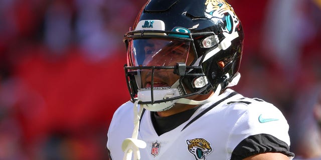 Jacksonville Jaguars wide receiver Christian Kirk, #13, before an NFL game between the Jacksonville Jaguars and Kansas City Chiefs on Nov. 13, 2022 at GEHA Field at Arrowhead Stadium in Kansas City, Missouri. 