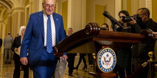 Senate Majority Leader Chuck Schumer arrives for a press conference in Washington on Nov. 15, 2022. 