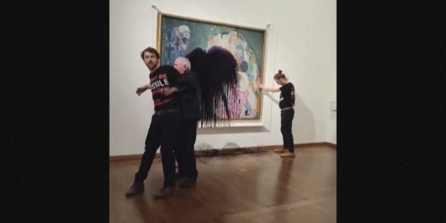 Climate protesters dumped black liquid on the Gustav Klimt "Death and Life" painting displayed in a Vienna museum Tuesday. "People still searching and drilling for new oil and gas have blood on their hands – and no amount of sponsoring will ever wash that blood off," the activist group said. "There can be no clean art with dirty money involved!"