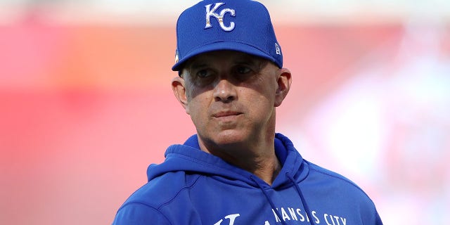 Pedro Grifol of the Kansas City Royals looks on during batting practice at Angel Stadium on June 9, 2021, in Anaheim, California.