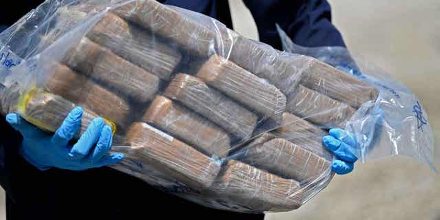 Packages of cocaine held by an official are seen on July 31, 2021.
