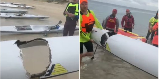 Australian teenager sent flying into the air after great white takes massive bite out of his surf ski 1 An Australian teenager was sent flying into the water after a shark attacked his surf ski.