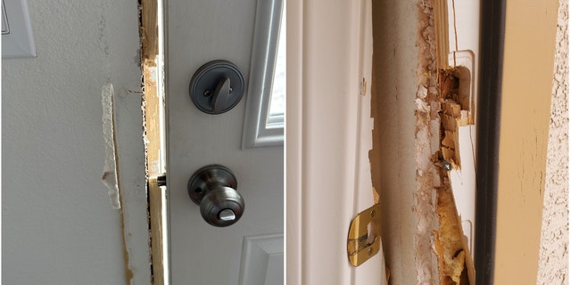 Photos of broken doors at Joerg Arnu's home provided to Fox News Digital