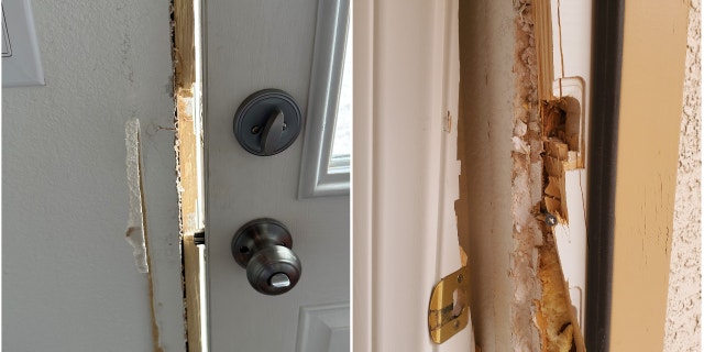 Photos of broken doors at Joerg Arnu's home provided to Fox News Digital