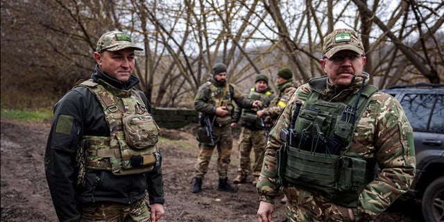 Commander of the 127th Brigade of the Territorial Defense Forces of Kharkiv, Roman Hryshchenko with soldiers in Kharkiv.