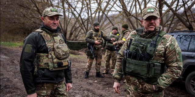 Commander of the 127th Brigade of the Territorial Defense Forces of Kharkiv, Roman Hryshchenko with soldiers in Kharkiv.