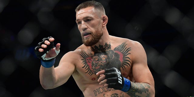 Conor McGregor fights Dustin Poirier during UFC 264 at T-Mobile Arena on July 10, 2021 in Las Vegas.