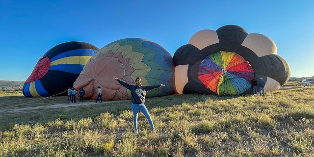Hot air balloons are lined up for flight in New Mexico.
