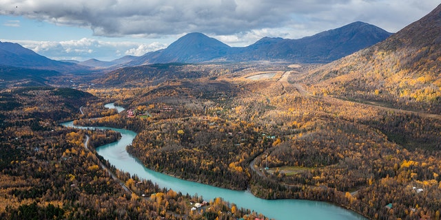 The Kenai River in Alaska is seen from the air in this image.