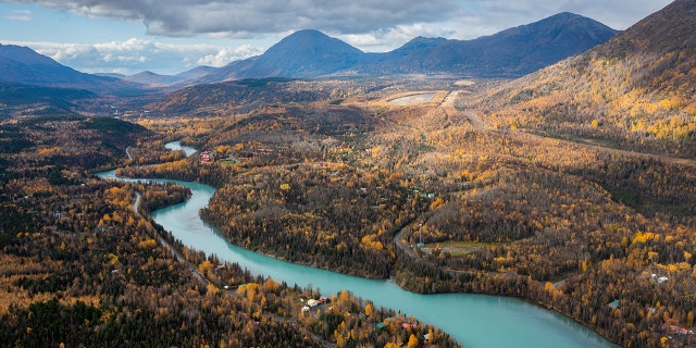 The Kenai River in Alaska is seen from the air in this image.