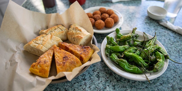 Croquetas, tortilla de patatas and grilled peppers at Bar Gernika in Boise, Idaho.
