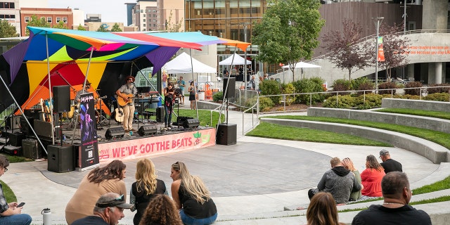 A band plays in an amphitheater in Boise, Idaho.