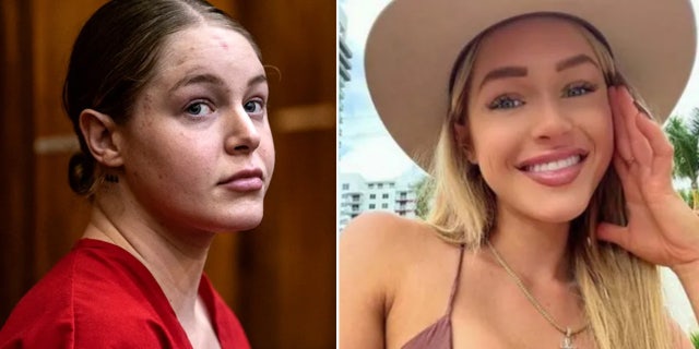 Courtney Clenney in the Miami-Dade County Courthouse Tuesday Nov 15, 2022, for a bond hearing, left, and an Instagram photo.