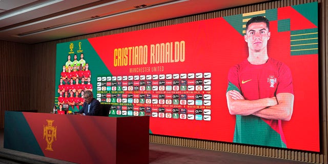 Portugal coach Fernando Santos calls the name of Cristiano Ronaldo while announcing the squad for the Qatar 2022 World Cup at the Portuguese soccer federation headquarters in Oeiras, outside Lisbon, Thursday, Nov. 10, 2022.