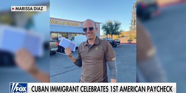 Yoel Diaz, a Cuban immigrant, celebrating his first paycheck in the United States