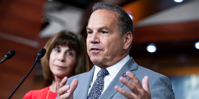 Reps. David Cicilline, D-R.I., and Kathy Manning, D-N.C., conduct a news conference in the Capitol Visitor Center after a meeting of the House Democratic Caucus on Tuesday, July 19, 2022.