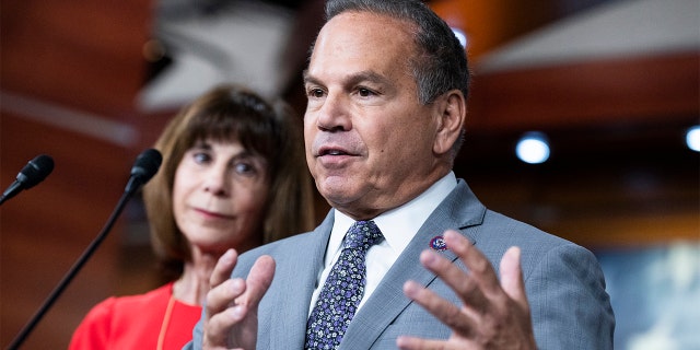 Reps. David Cicilline, D-R.I., and Kathy Manning, D-N.C., conduct a news conference in the Capitol Visitor Center after a meeting of the House Democratic Caucus on Tuesday, July 19, 2022.