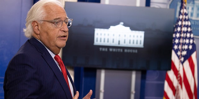 David Friedman, U.S. Ambassador to Israel speaks during a briefing at the White House Aug. 13, 2020, in Washington, D.C.