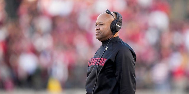 Stanford head coach David Shaw watches during the first half of an NCAA college football game against California in Berkeley, California, Saturday, Nov. 19, 2022. 