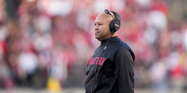 Stanford head coach David Shaw looks on during the first half of an NCAA college football game against California in Berkeley, California on Saturday, November 19, 2022. 