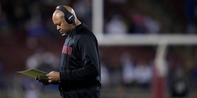Stanford head coach David Shaw near the sideline during the second half of an NCAA college football game against BYU in Stanford, California on Saturday, November 26, 2022. 