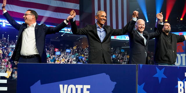 Pennsylvania's Democratic gubernatorial candidate Josh Shapiro, former President Barack Obama, President Joe Biden and Democratic Senate candidate Lt. Gov. John Fetterman, right show up for a campaign rally in Pennsylvania.