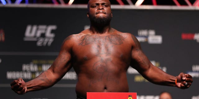 Derrick Lewis hits the scales for the UFC 277 ceremonial scales on July 29, 2022 at the American Airlines Center in Dallas, Texas.