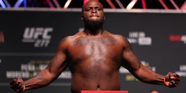 Derrick Lewis steps on a scale for the ceremonial weigh-in for the UFC 277 ceremonial weigh-ins July 29, 2022, at the American Airlines Center in Dallas, Texas.