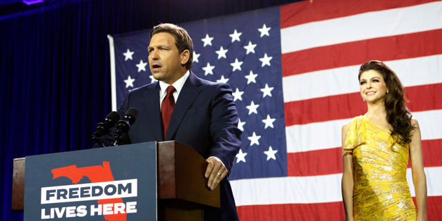 Florida Gov. Ron DeSantis gives a victory speech after defeating Democratic gubernatorial candidate Charlie Crist while his wife Casey DeSantis looks on during his election night watch party.