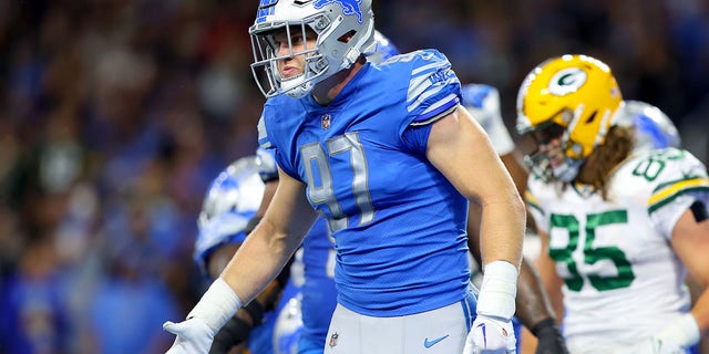 Aidan Hutchinson (97) of the Detroit Lions reacts after a play against the Green Bay Packers during the second half at Ford Field Nov. 6, 2022, in Detroit.