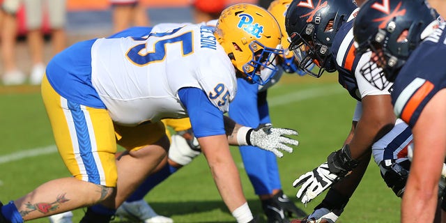 Pittsburgh Panthers defensive lineman Devin Danielson, #95, in the trenches during a college football game between the Pittsburgh Panthers and the Virginia Cavaliers on Nov. 12, 2022, at Scott Stadium in Charlottesville, Virginia.