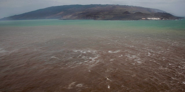 Vue aérienne prise le 17 octobre 2011 d'une tache verte et brune en mer au large du village de La Restinga sur l'île espagnole d'El Hierro aux Canaries.