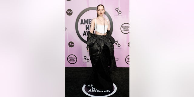 Dove Cameron rocked a white crop top with a flowing black skirt at the American Music Awards.