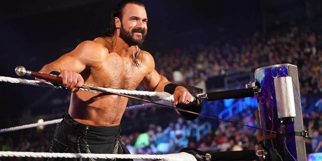 Drew McIntyre stares at his opponent.