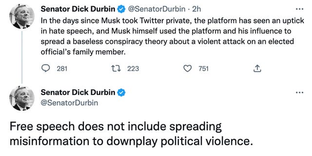 Critics slammed Sen. Dick Durbin, D-Il., for claiming free speech "does not include spreading misinformation to downplay political violence."