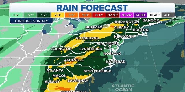 Rain forecast on the East Coast through Sunday